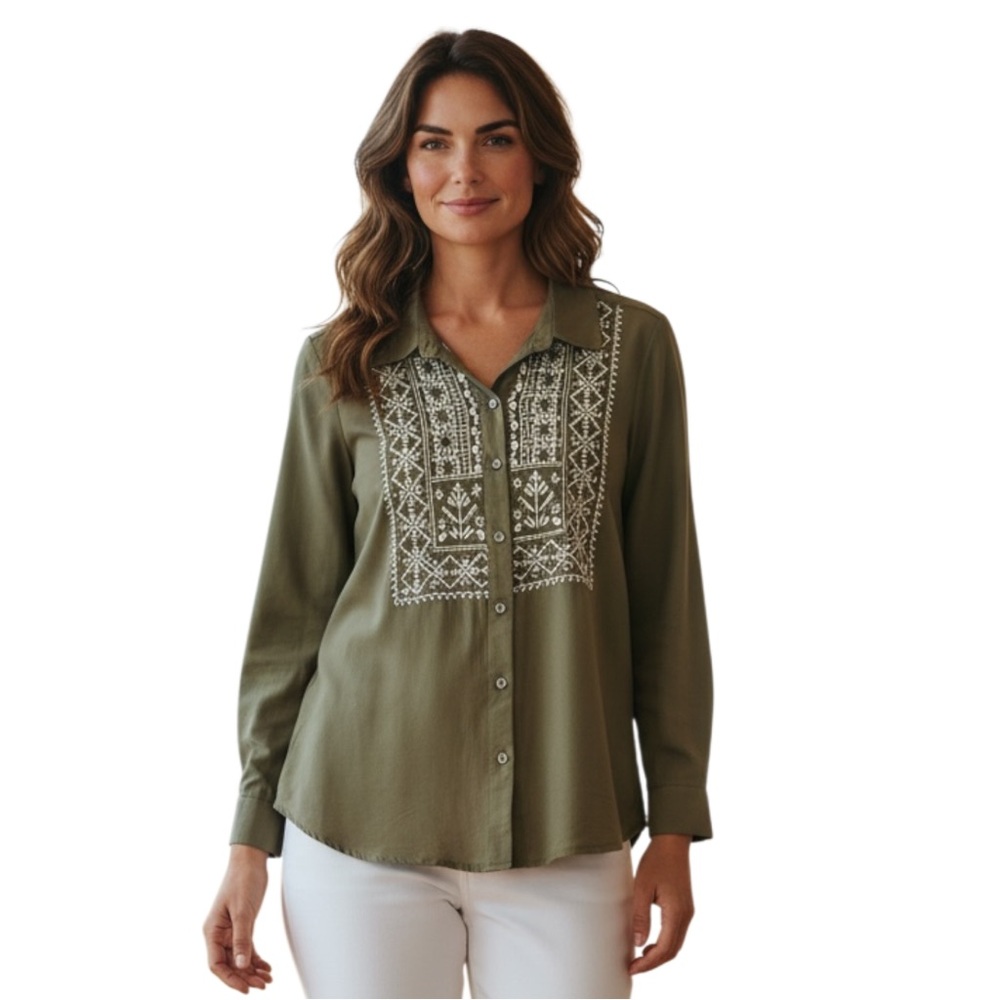 Style & Co. Long Sleeve Women's Button Blouse, Button Cuffs,‎ Olive Green, Small